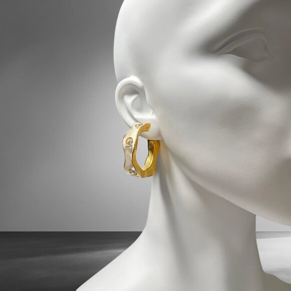 Kenneth Jay Lane 22k Gold Plated White Enamel Hoop Earrings with Crystals - Picture 8 of 9